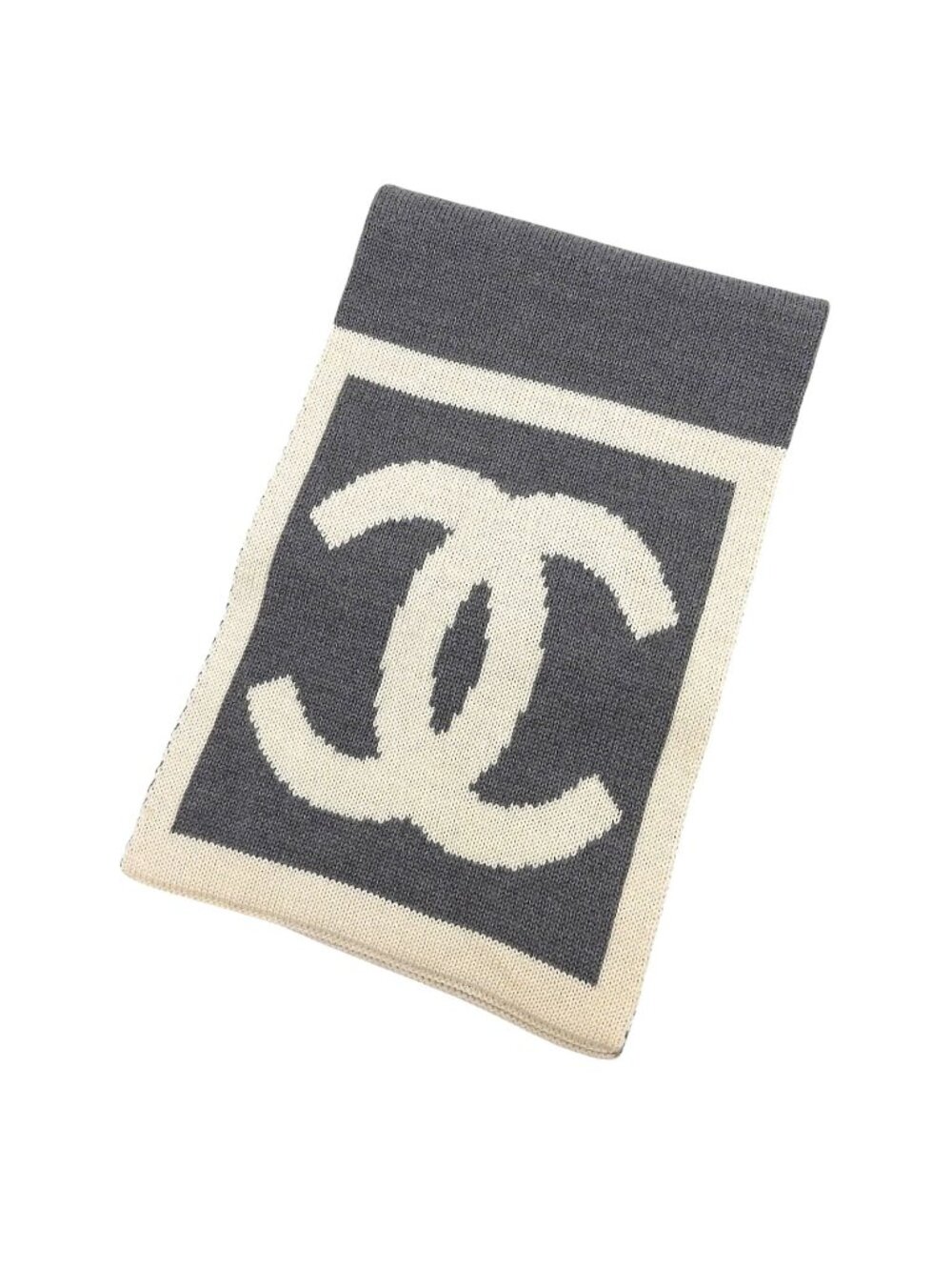 Chanel Vintage Sports Line Wool Silk Blend CC Logo Bicolor Scarf Gray